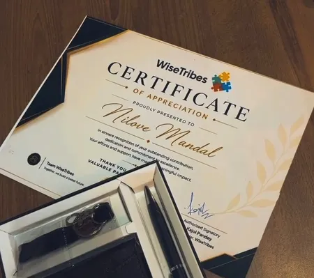 WiseTribes Certificate of Appreciation presented to Nilove Mandal, signed by founder Kajol Pandey
